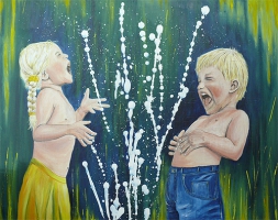 Kinder am Brunnen / Acryl / Originalbild